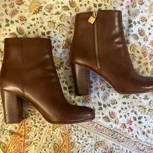 Michael Kors Brown Leather Block Heel Ankle Boots with Gold Zip